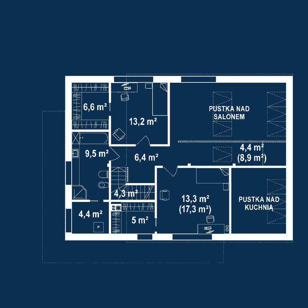 Plan etaj Casă cu etaj 155 mp utili, un dormitor, 2 băi