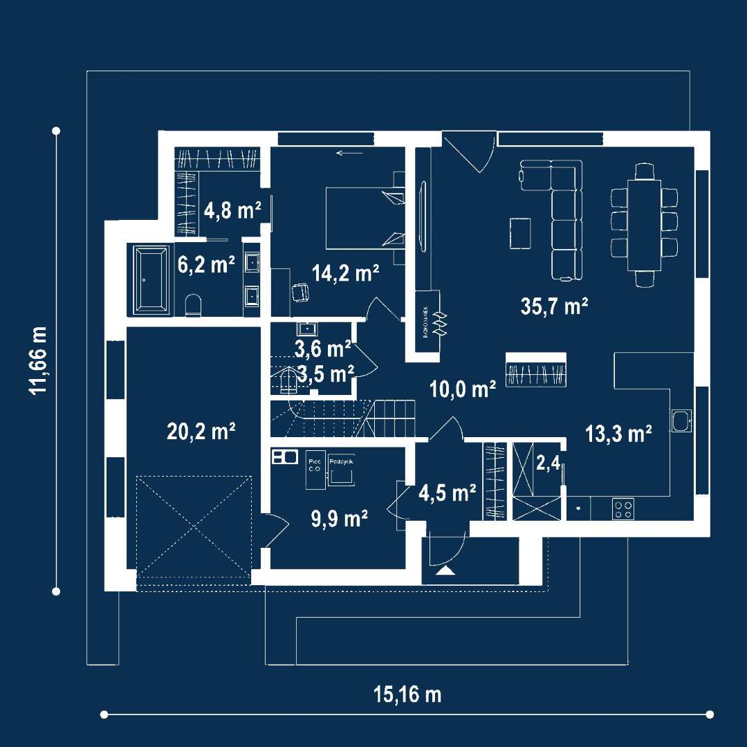 Plan parter Casă cu etaj 155 mp utili, un dormitor, 2 băi