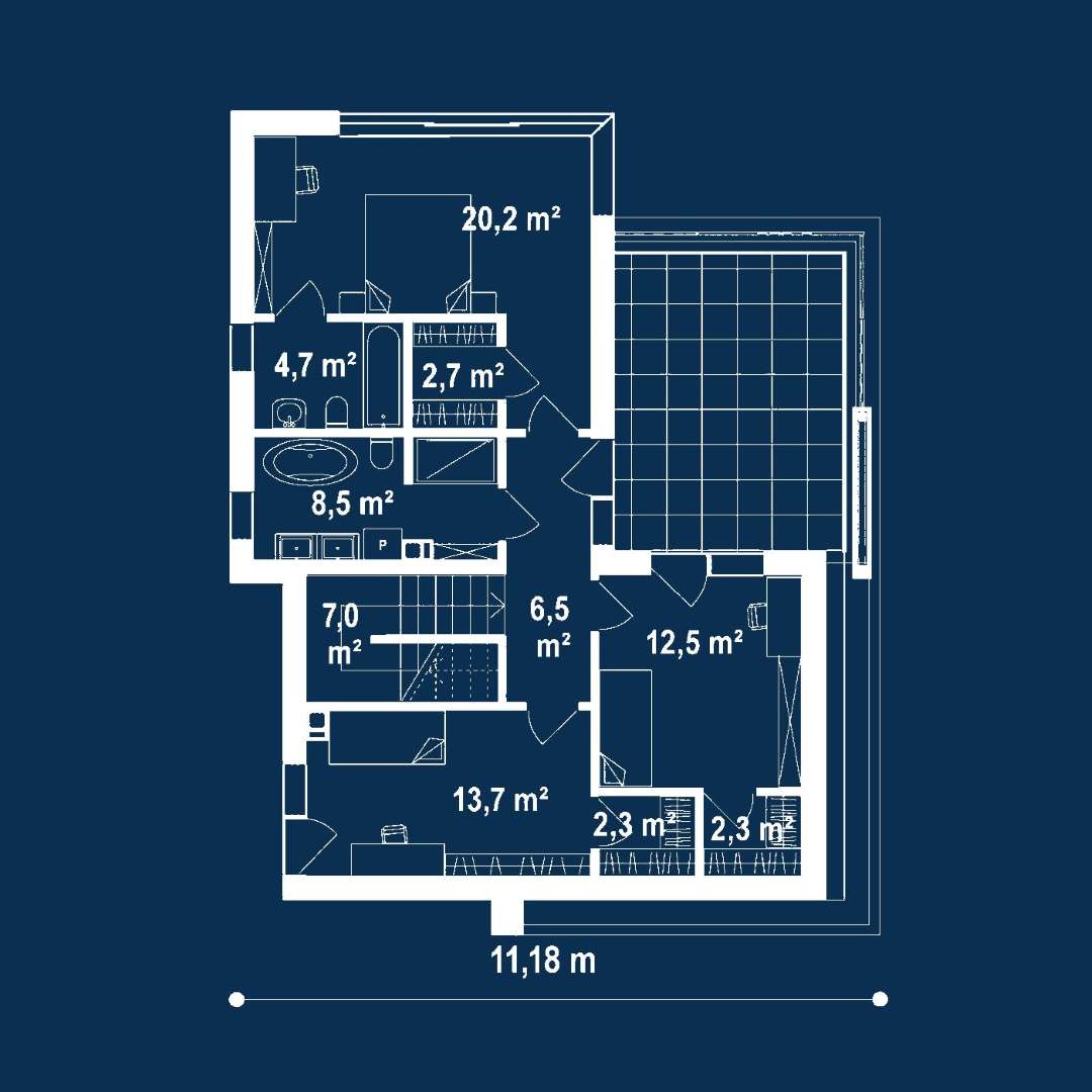 Plan etaj Casă cu etaj 134 mp utili, un dormitor, 2 băi
