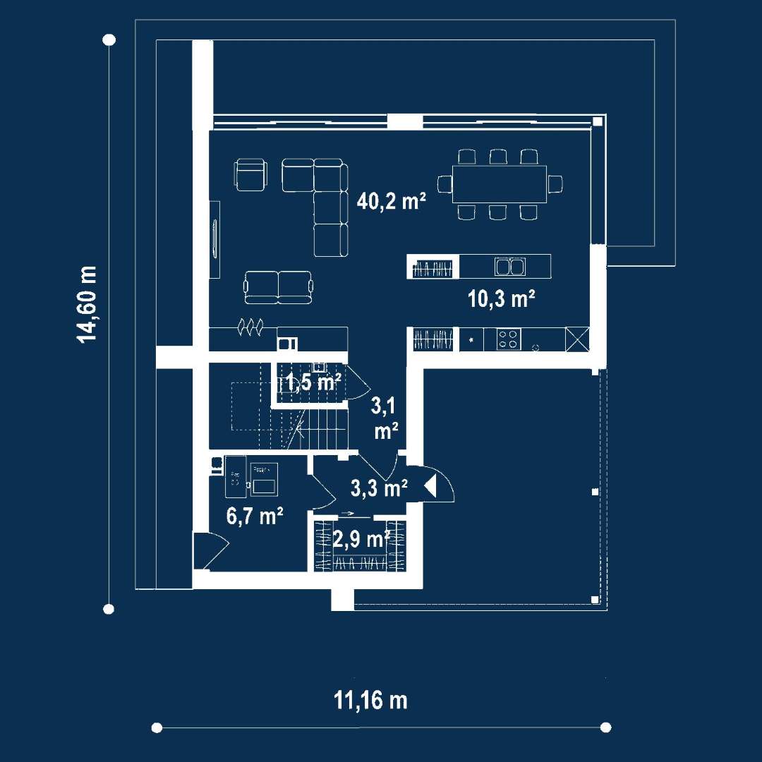 Plan parter Casă cu etaj 134 mp utili, un dormitor, 2 băi