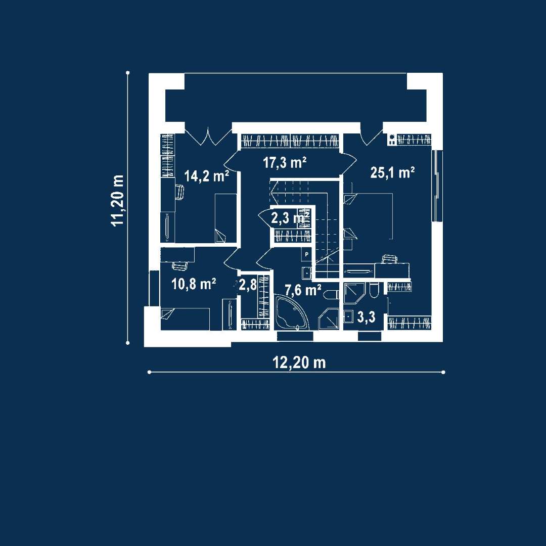 Plan etaj Casă cu etaj 149 mp utili, un dormitor, 4 băi