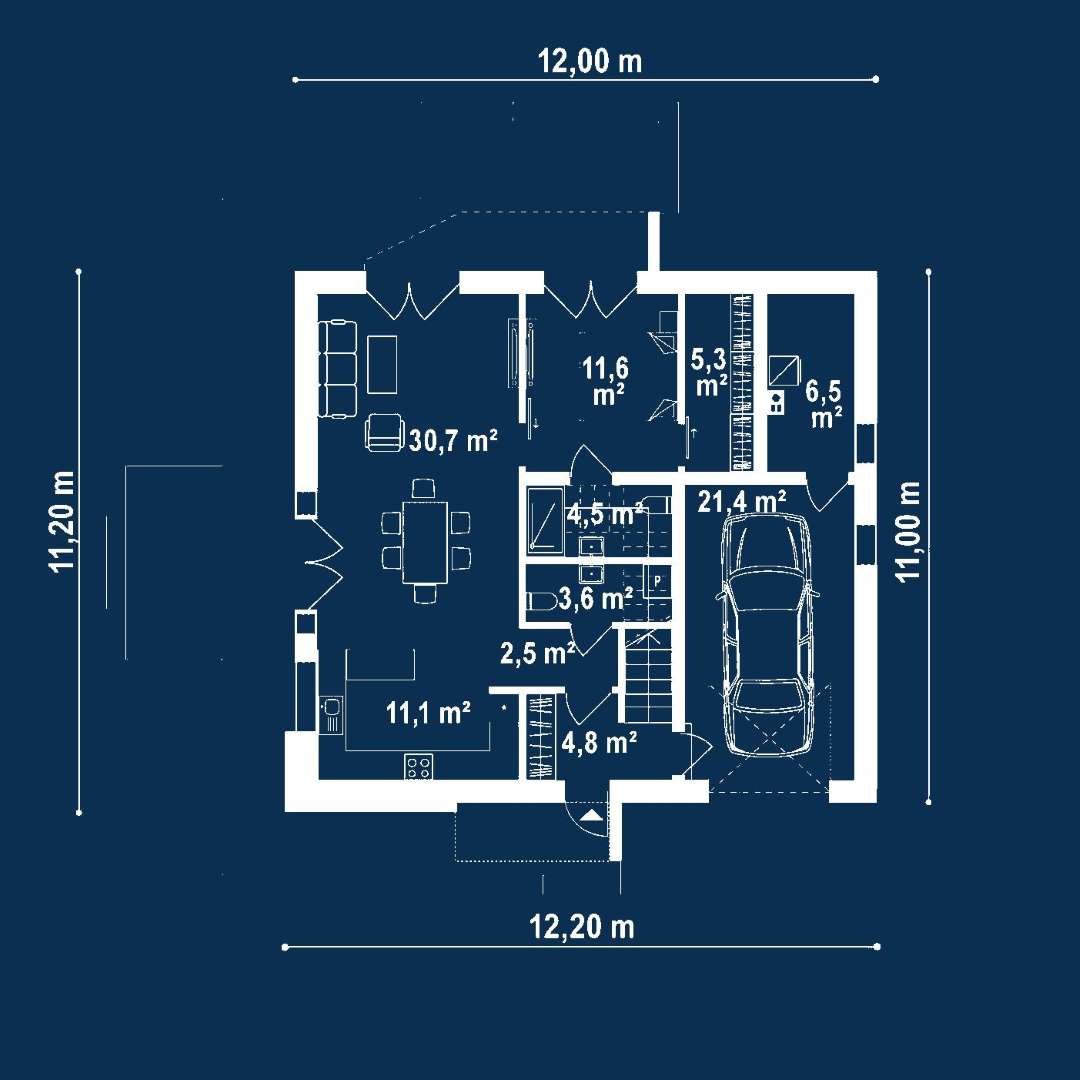 Plan parter Casă cu etaj 149 mp utili, un dormitor, 4 băi