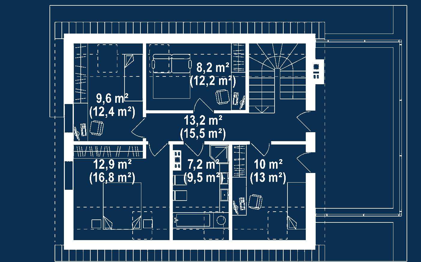 Plan etaj Casă cu etaj 143 mp utili, un dormitor, o baie