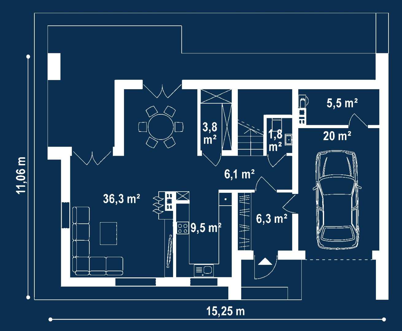 Plan parter Casă cu etaj 143 mp utili, un dormitor, o baie