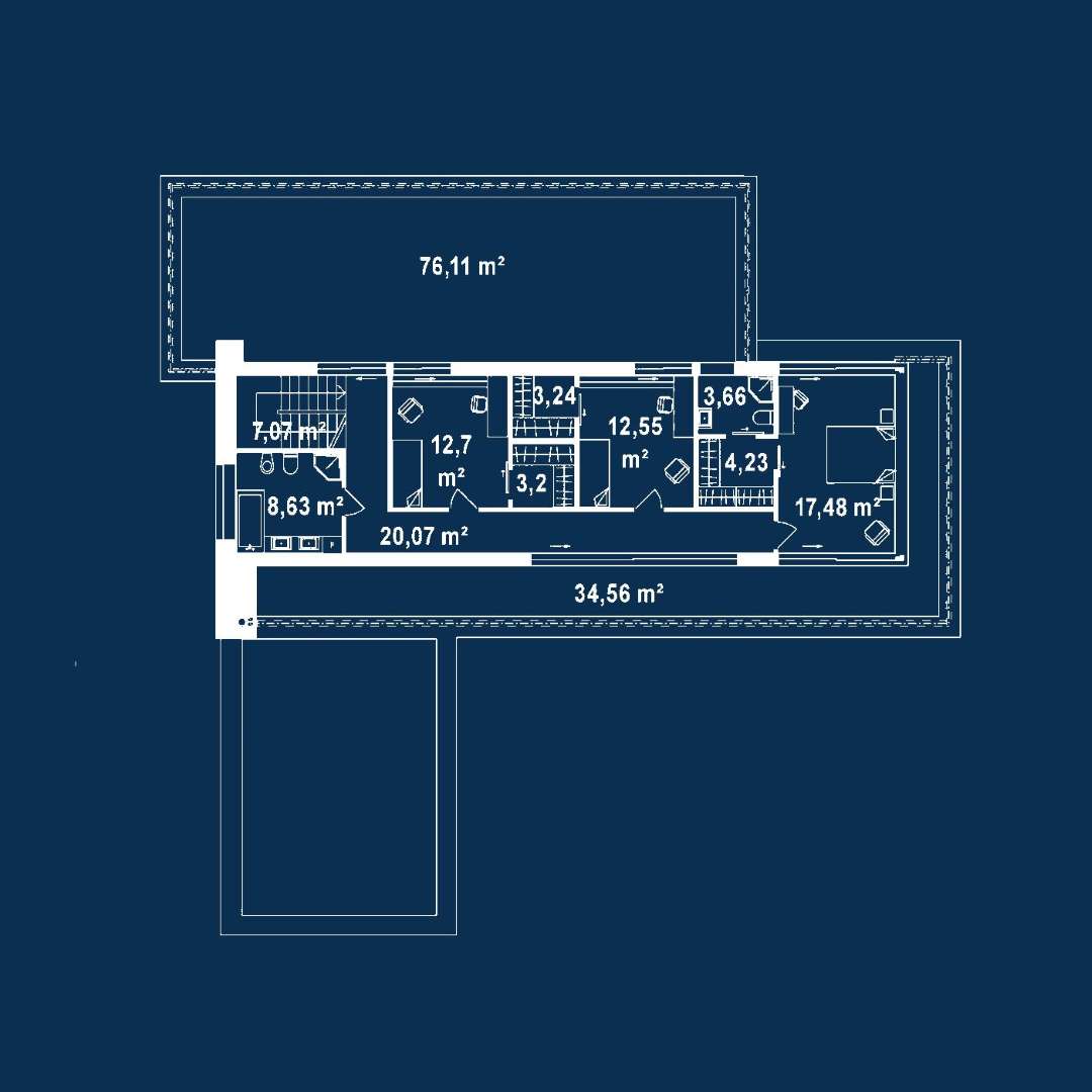 Plan etaj Casă cu etaj 223 mp utili, un dormitor, 3 băi