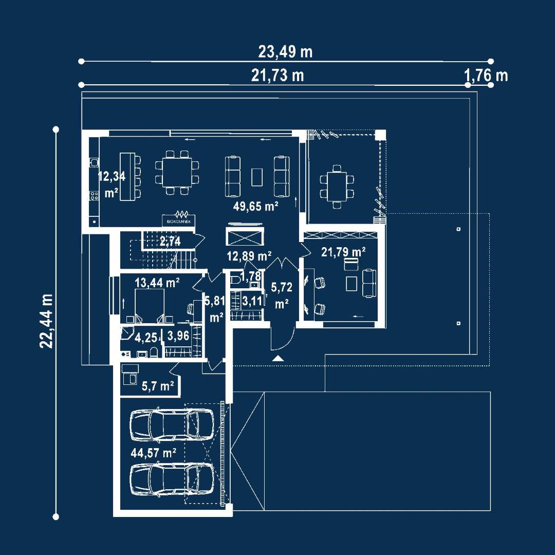Plan parter Casă cu etaj 223 mp utili, un dormitor, 3 băi