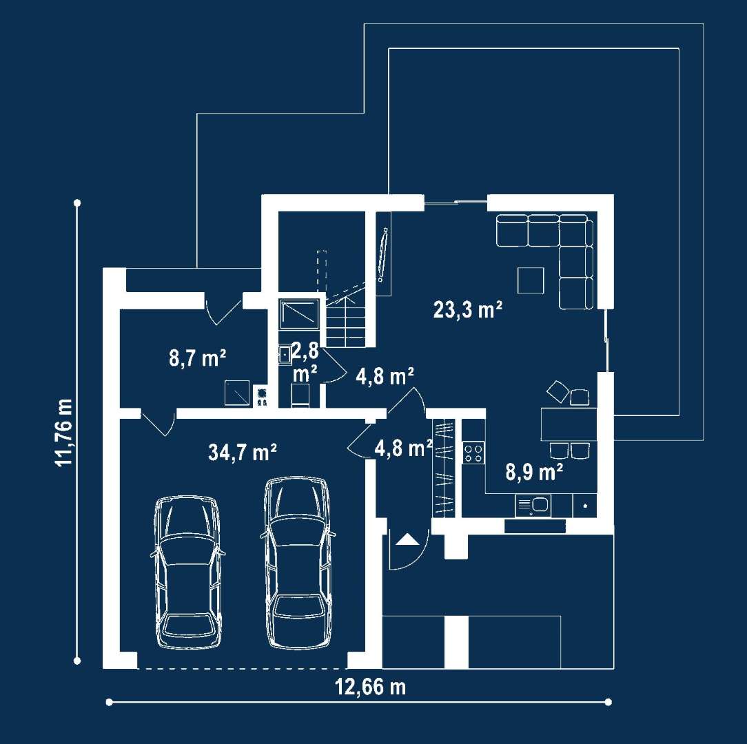 Plan parter Casă cu etaj 93 mp utili, un dormitor, 3 băi