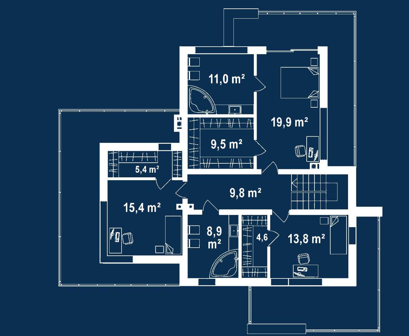 Plan etaj Casă cu etaj 206 mp utili, un dormitor, 3 băi