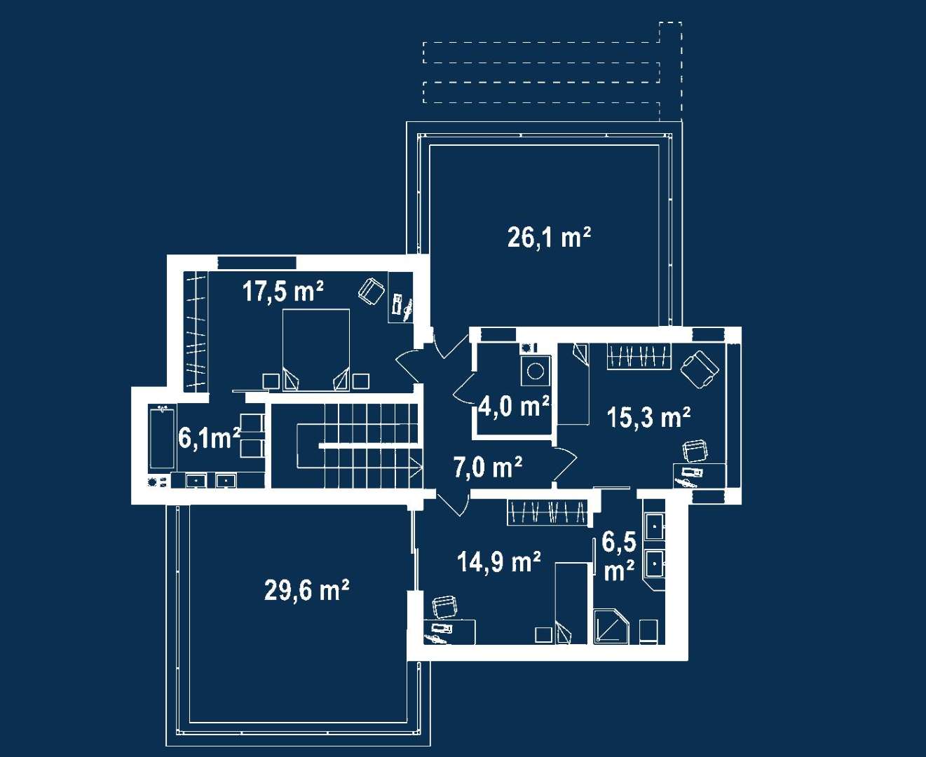 Plan etaj Casă cu etaj 164 mp utili, un dormitor, 3 băi