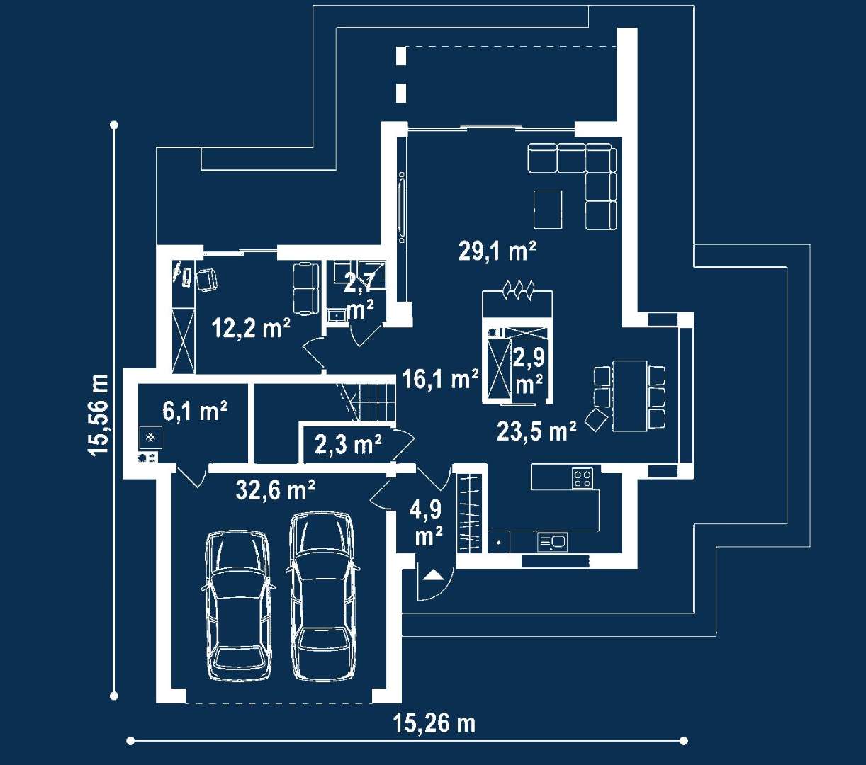 Plan parter Casă cu etaj 164 mp utili, un dormitor, 3 băi