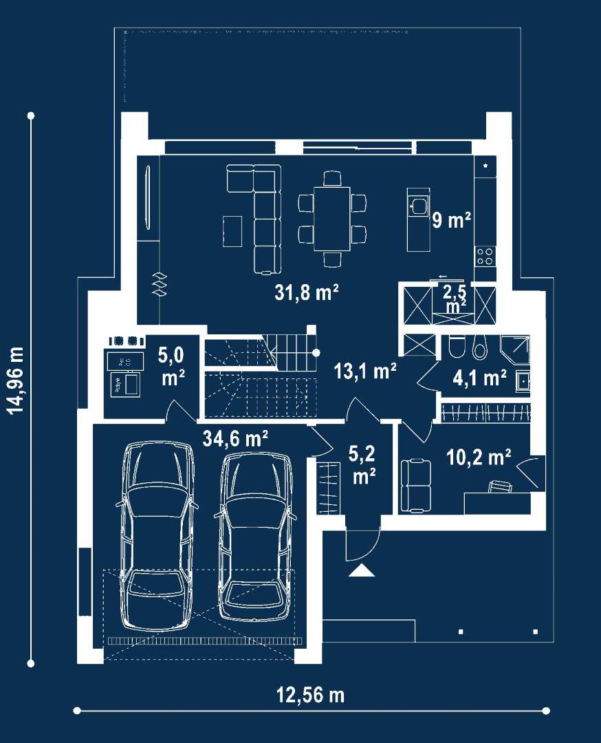 Plan parter Casă cu etaj 161 mp utili, un dormitor, 3 băi