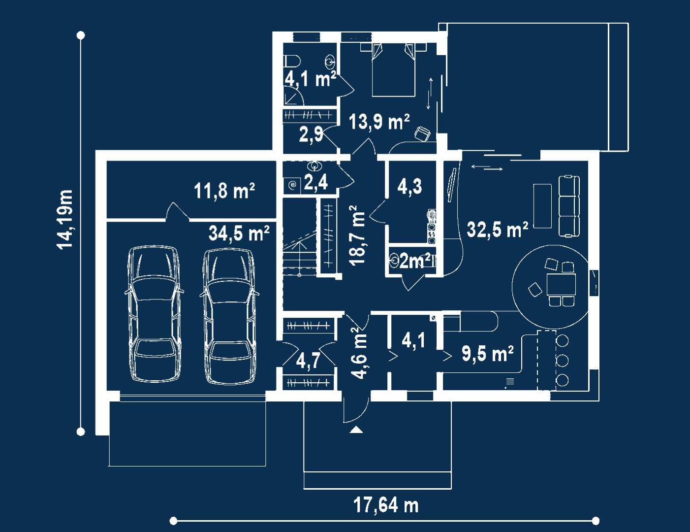Plan parter Casă cu etaj 204 mp utili, un dormitor, 3 băi