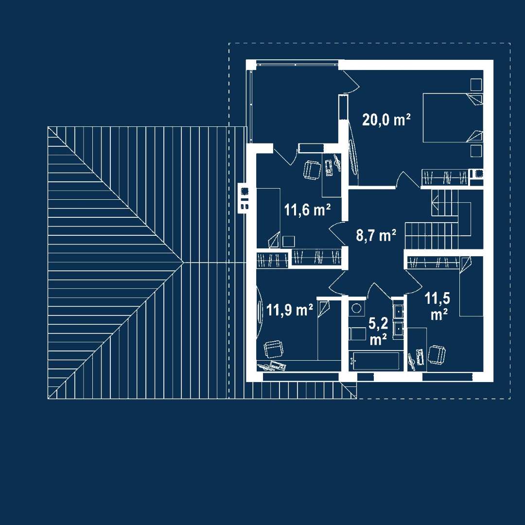 Plan etaj Casă cu etaj 137 mp utili, un dormitor, o baie