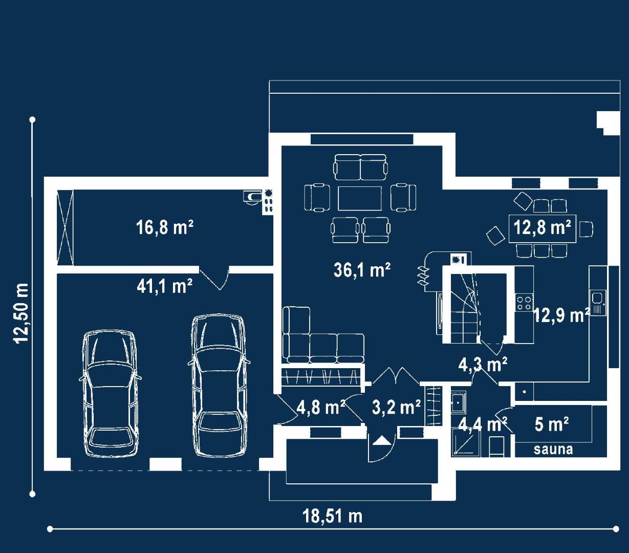 Plan parter Casă cu etaj 196 mp utili, un dormitor, 5 băi