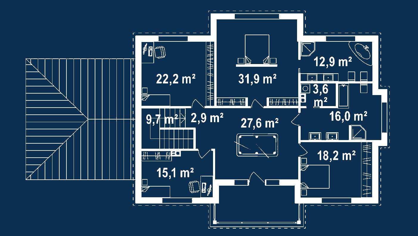 Plan etaj Casă cu etaj 296 mp utili, un dormitor, 3 băi
