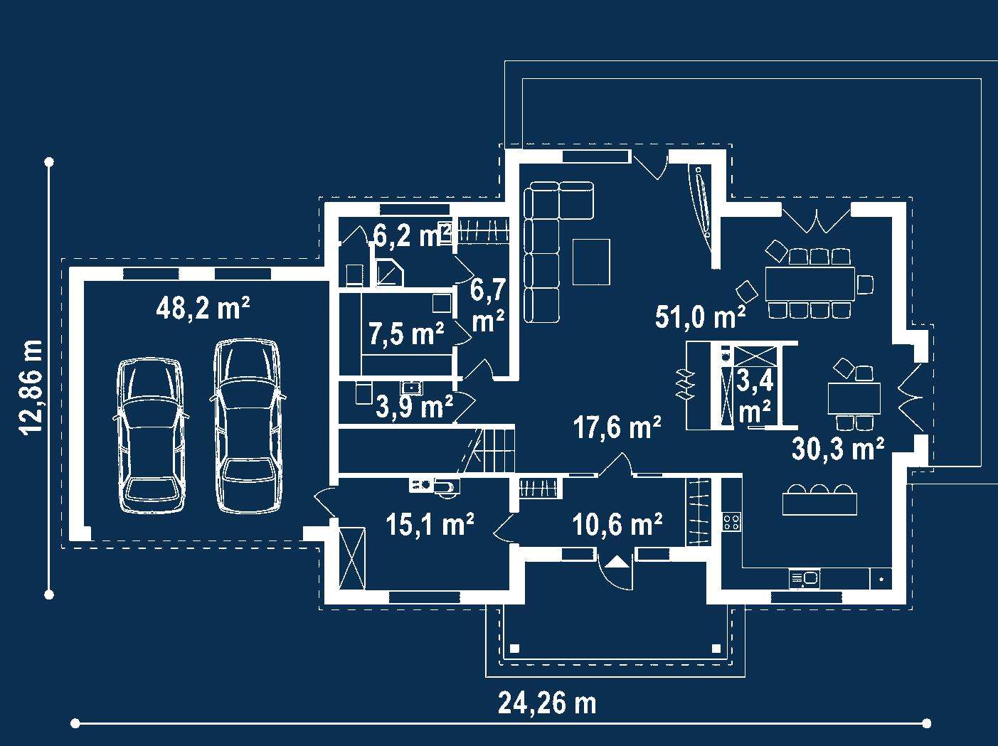 Plan parter Casă cu etaj 296 mp utili, un dormitor, 3 băi