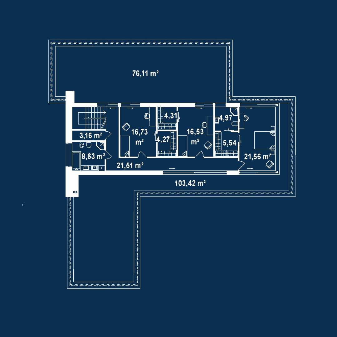 Plan etaj Casă cu etaj 262 mp utili, un dormitor, 3 băi