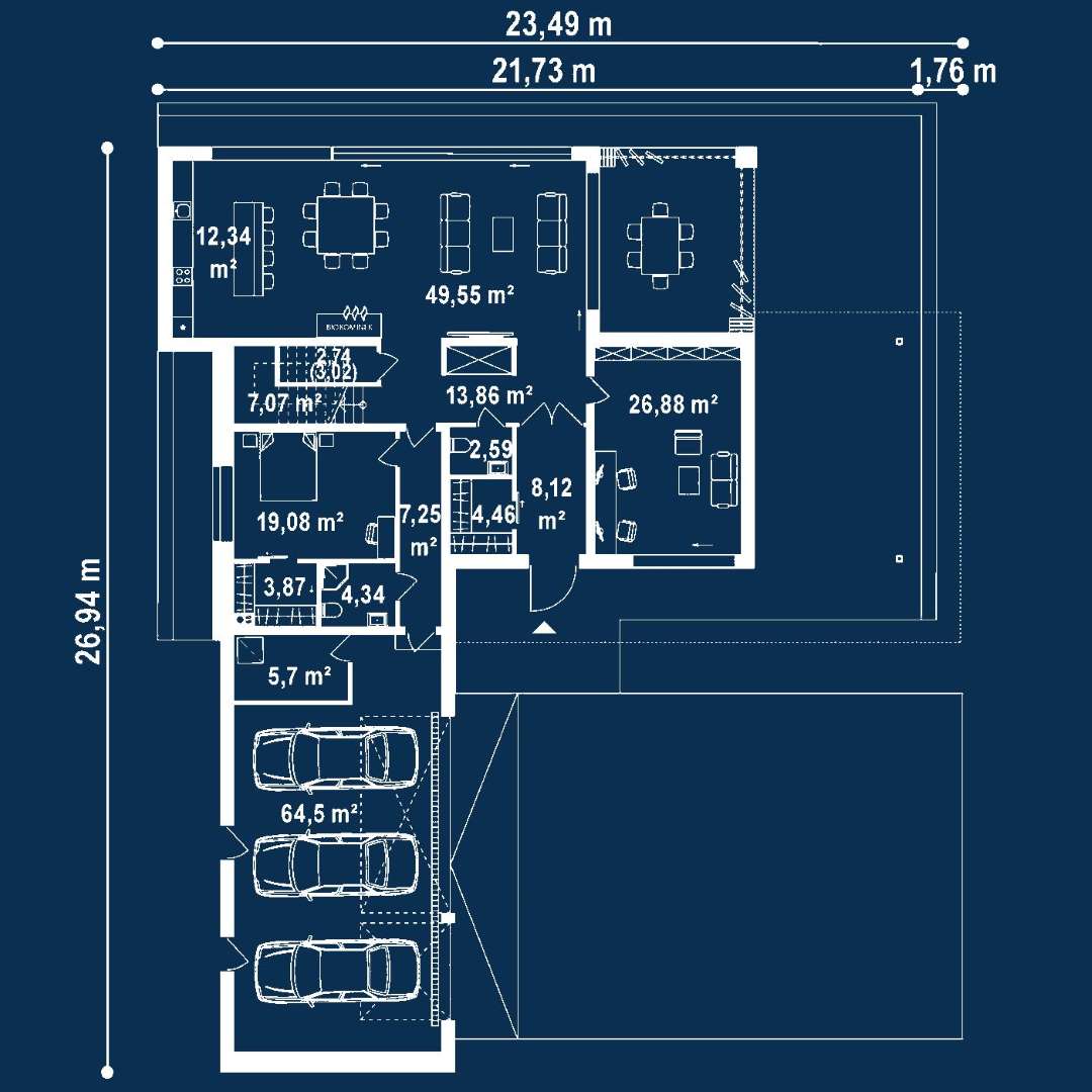 Plan parter Casă cu etaj 262 mp utili, un dormitor, 3 băi