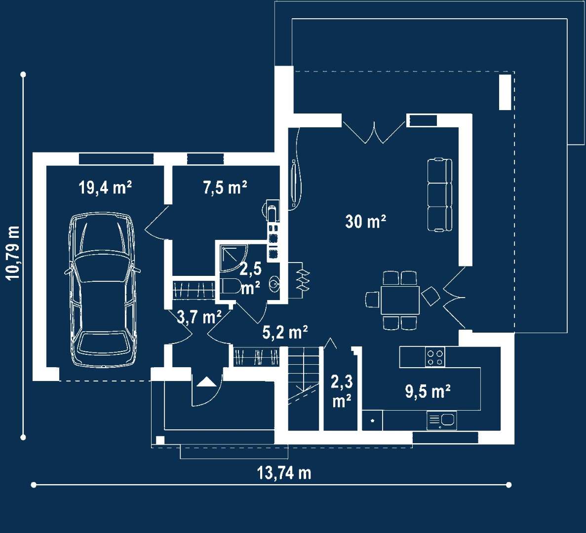 Plan parter Casă cu etaj 113 mp utili, un dormitor, 2 băi