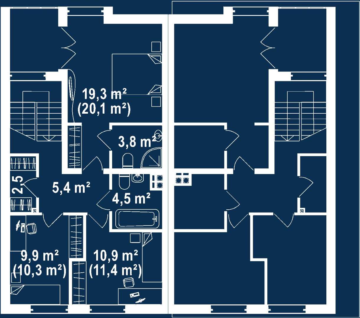 Plan etaj Casă cu etaj 116 mp utili, un dormitor, 2 băi
