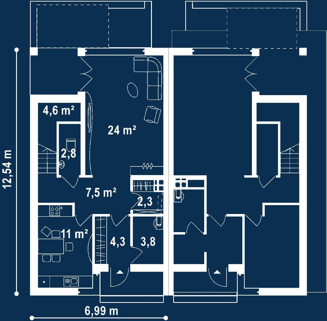 Plan parter Casă cu etaj 116 mp utili, un dormitor, 2 băi