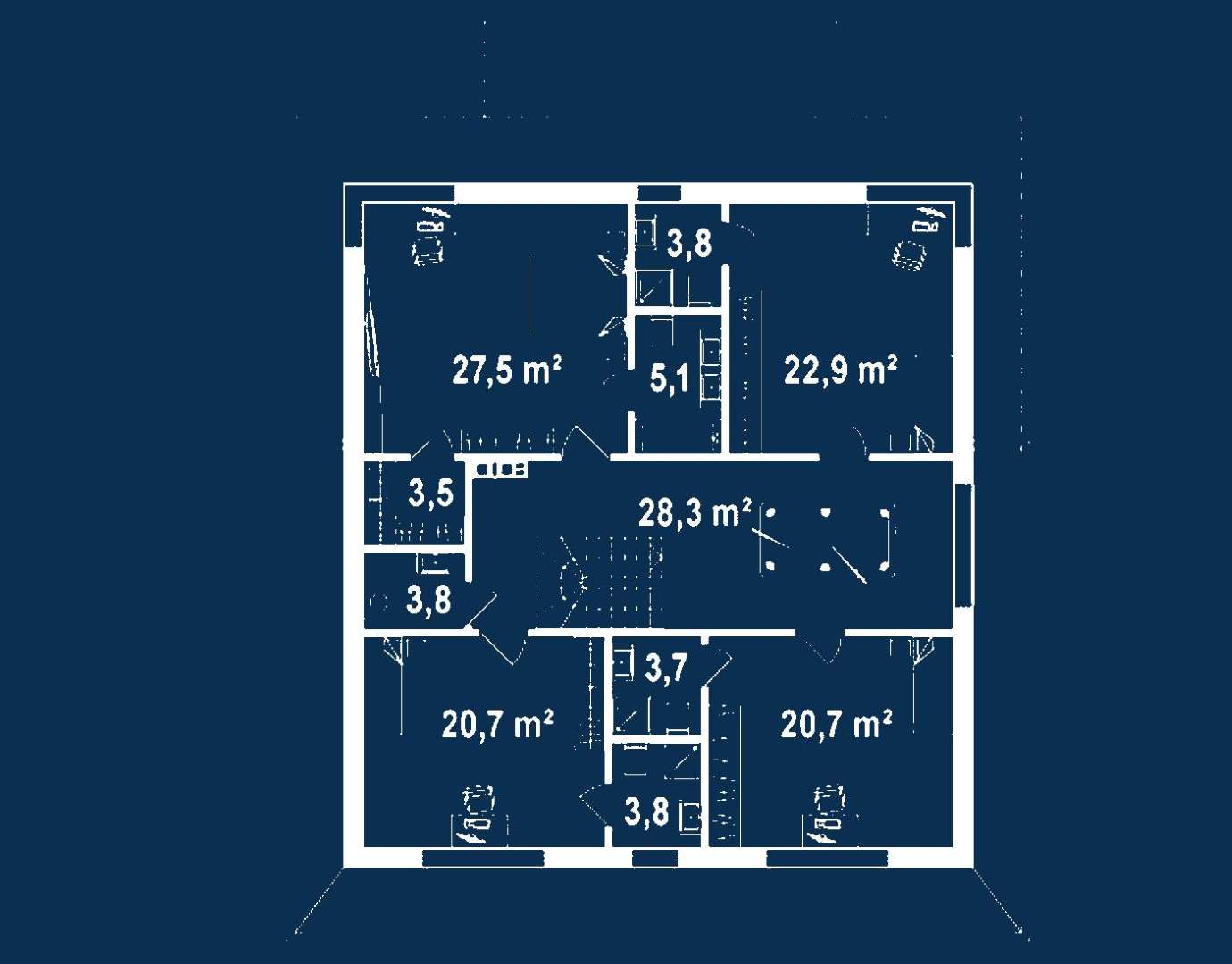 Plan etaj Casă cu etaj 273 mp utili, un dormitor, 5 băi
