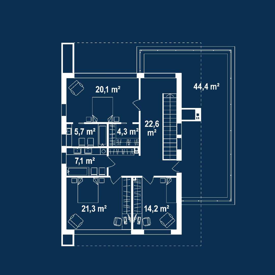Plan etaj Casă cu etaj 214 mp utili, un dormitor, 3 băi