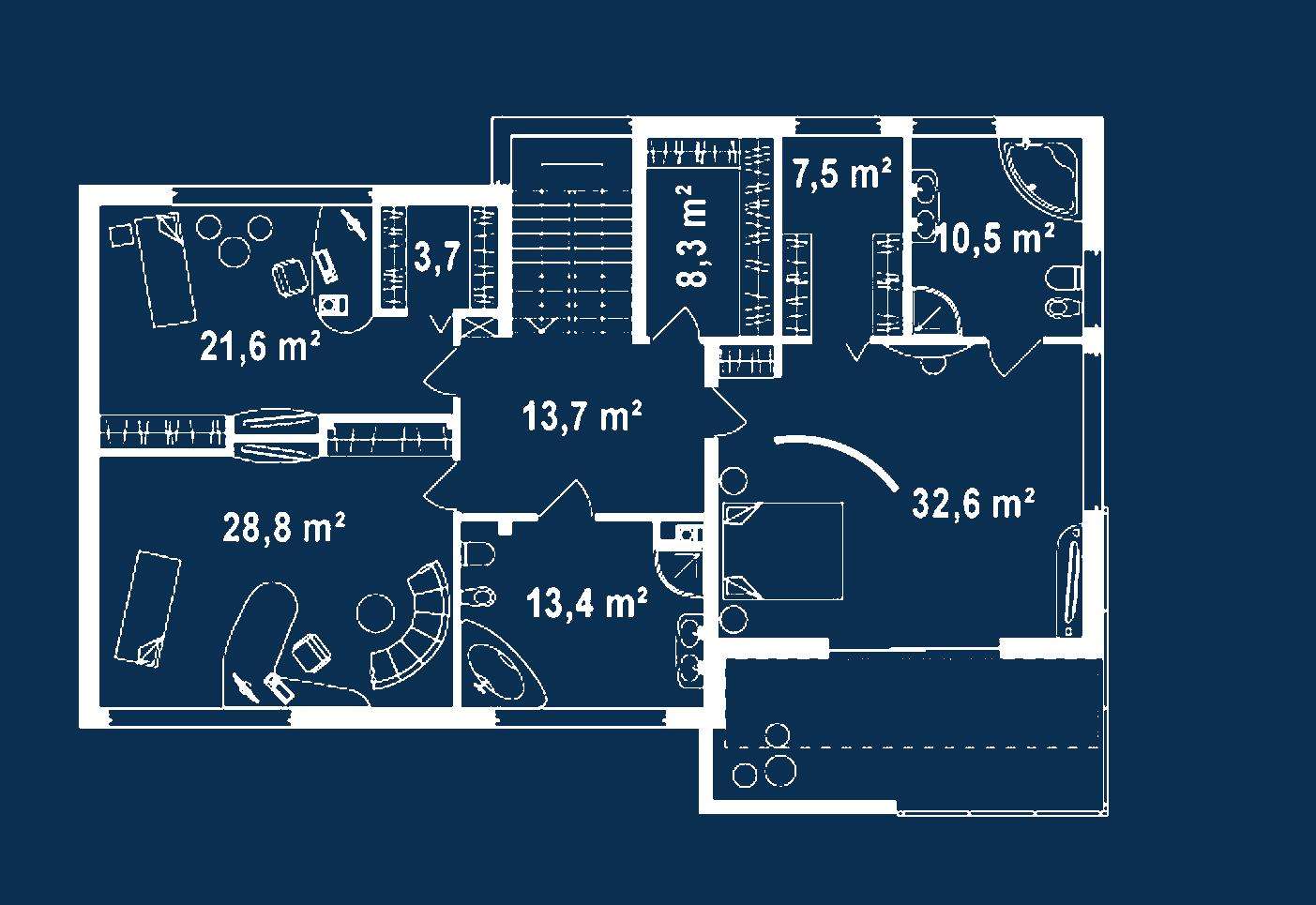Plan etaj Casă cu etaj 262 mp utili, un dormitor, 3 băi
