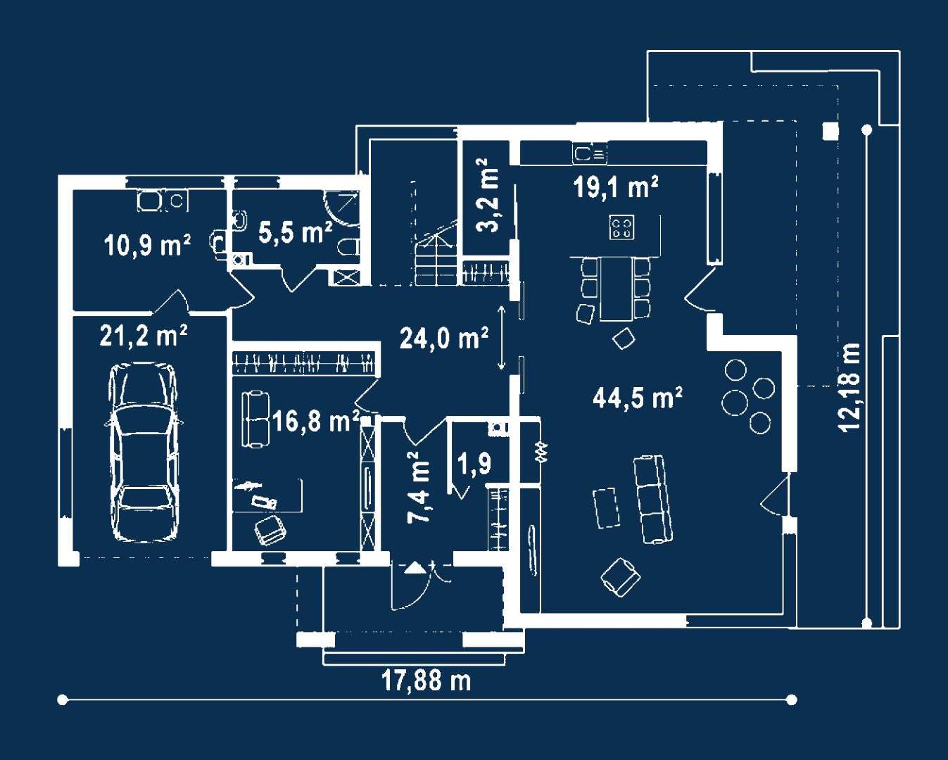Plan parter Casă cu etaj 262 mp utili, un dormitor, 3 băi