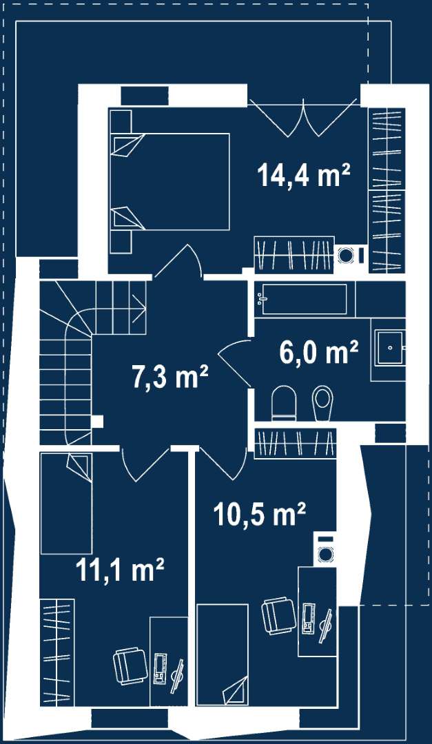 Plan etaj Casă cu etaj 103 mp utili, un dormitor, o baie