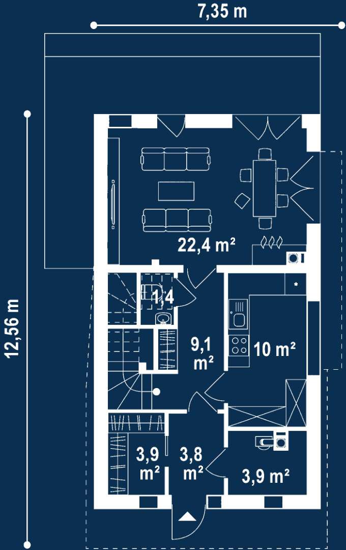 Plan parter Casă cu etaj 103 mp utili, un dormitor, o baie