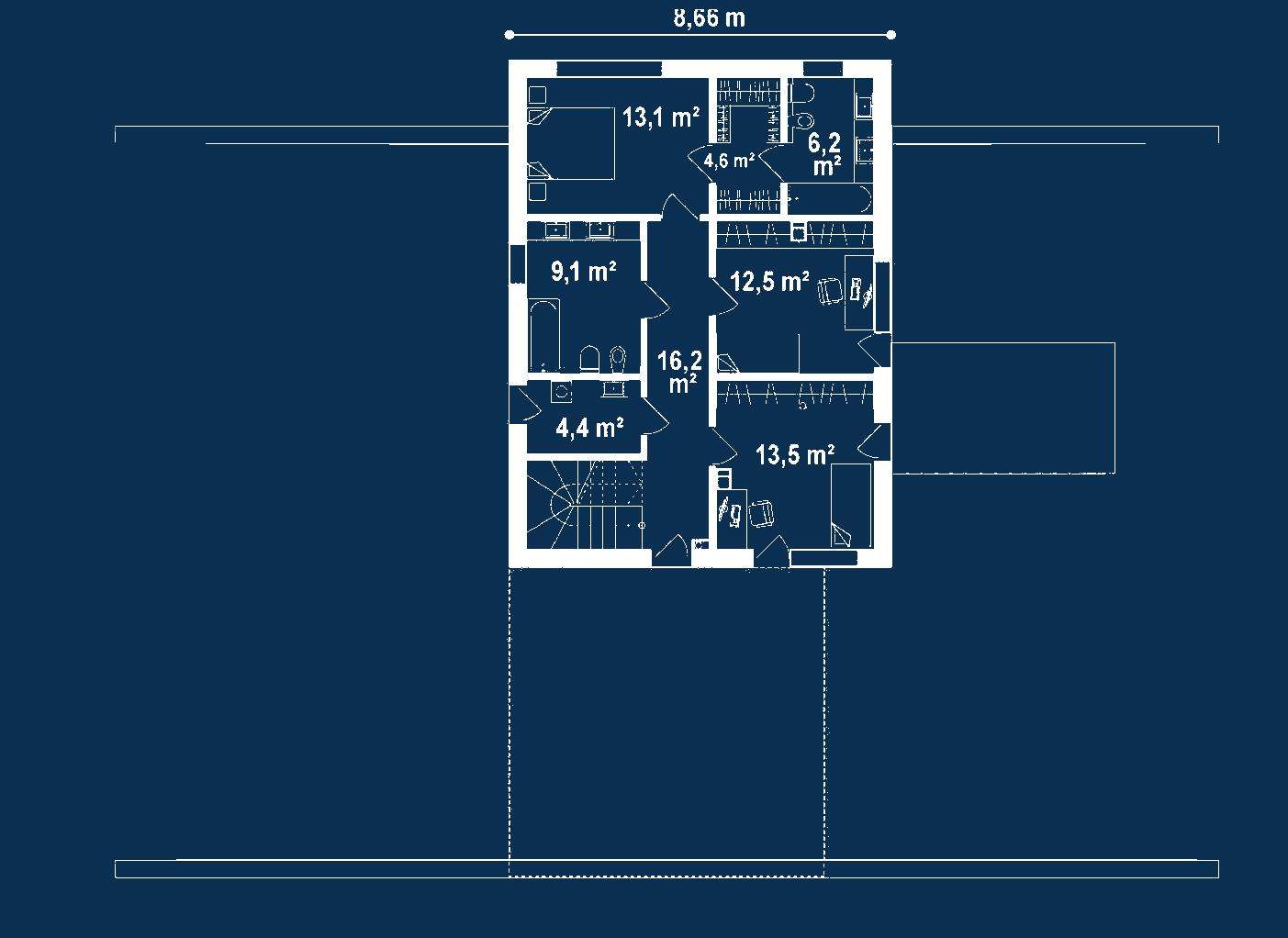 Plan etaj Casă cu etaj 128 mp utili, un dormitor, 3 băi