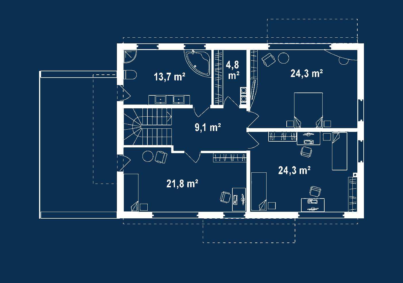 Plan etaj Casă cu etaj 191 mp utili, un dormitor, 2 băi