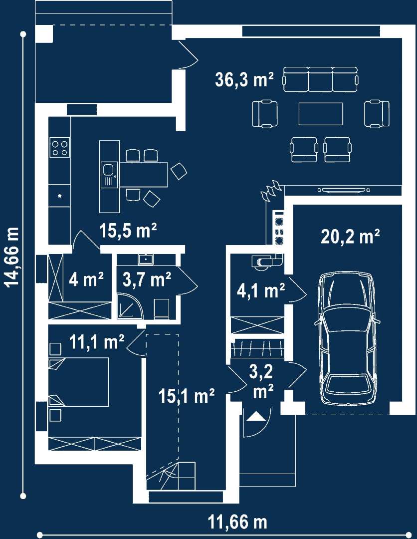Plan parter Casă cu etaj 193 mp utili, un dormitor, 2 băi