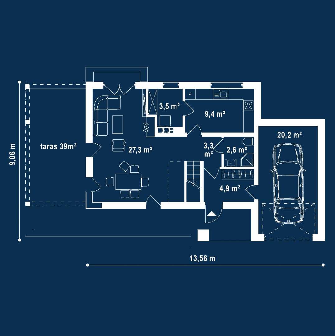 Plan parter Casă cu etaj 95 mp utili, un dormitor, 2 băi