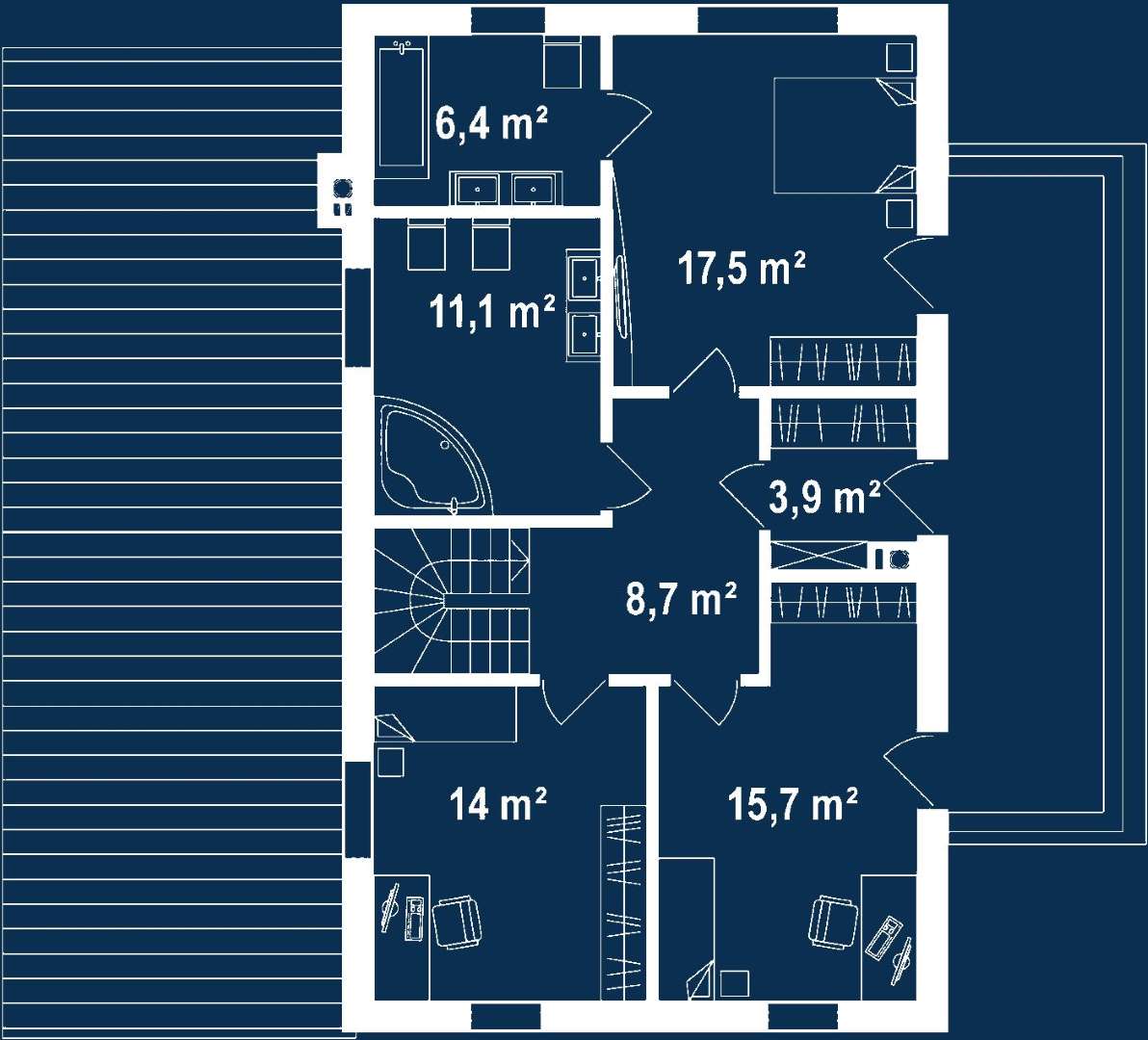Plan etaj Casă cu etaj 148 mp utili, un dormitor, 3 băi