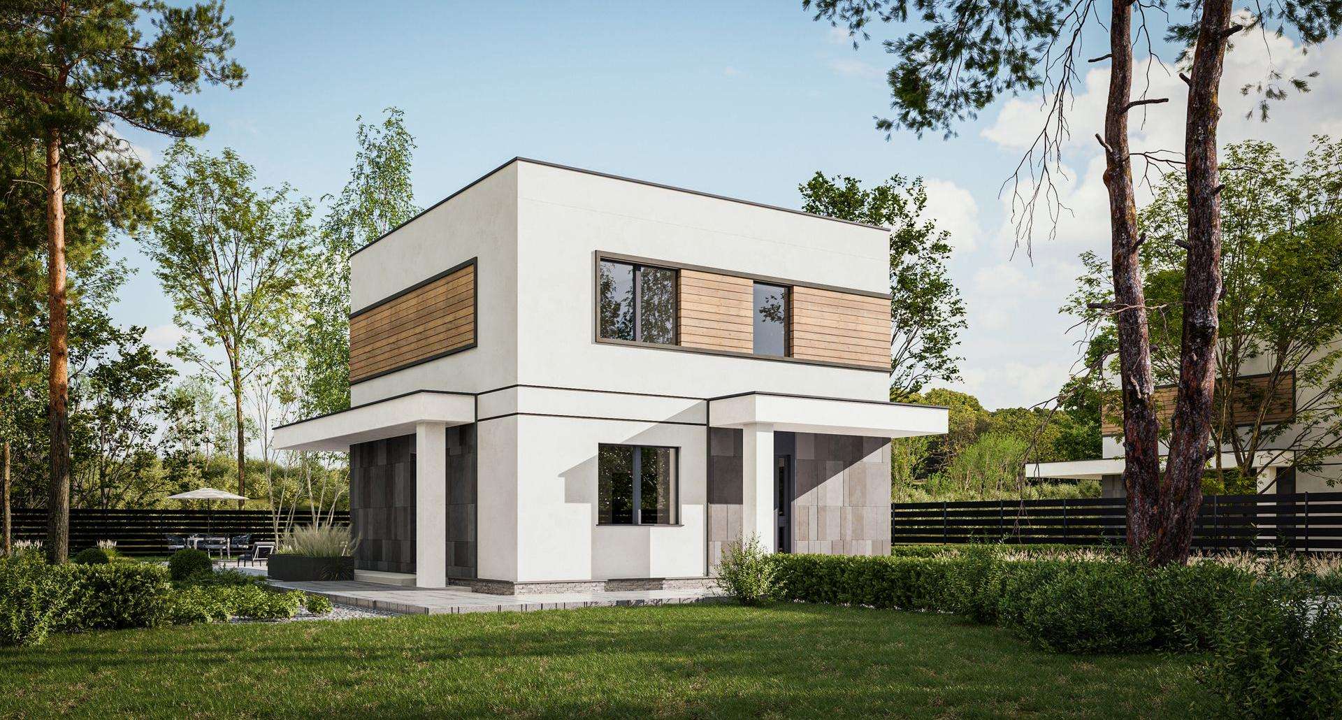 Fatada Casă cu etaj 100 mp utili, un dormitor, 2 băi