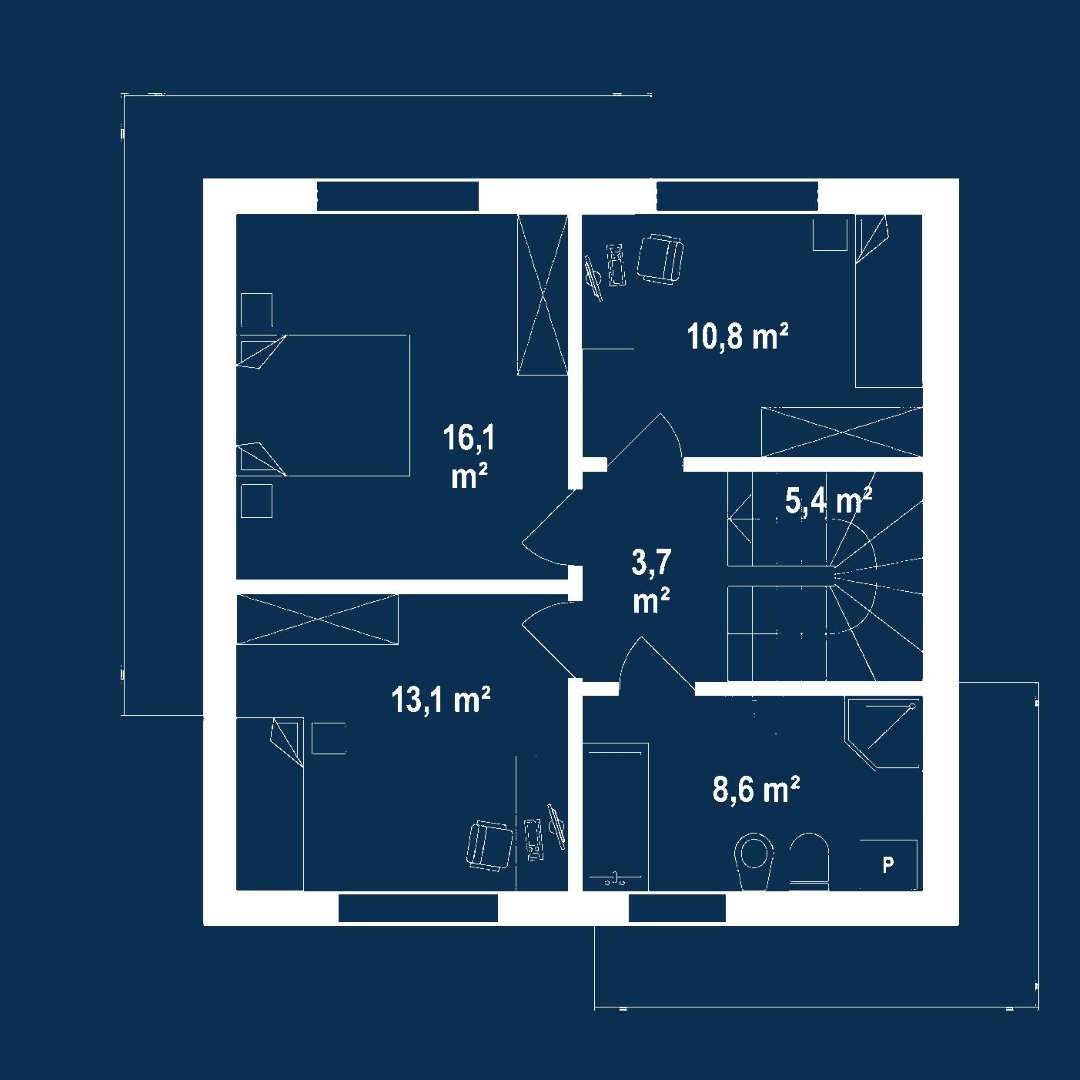 Plan etaj Casă cu etaj 100 mp utili, un dormitor, 2 băi