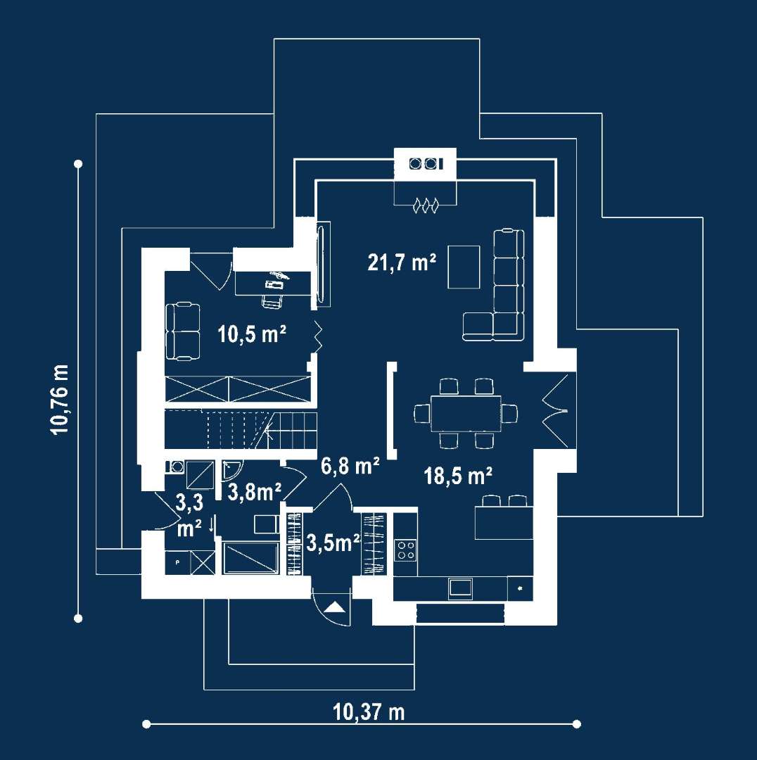 Plan parter Casă cu etaj 130 mp utili, un dormitor, 3 băi