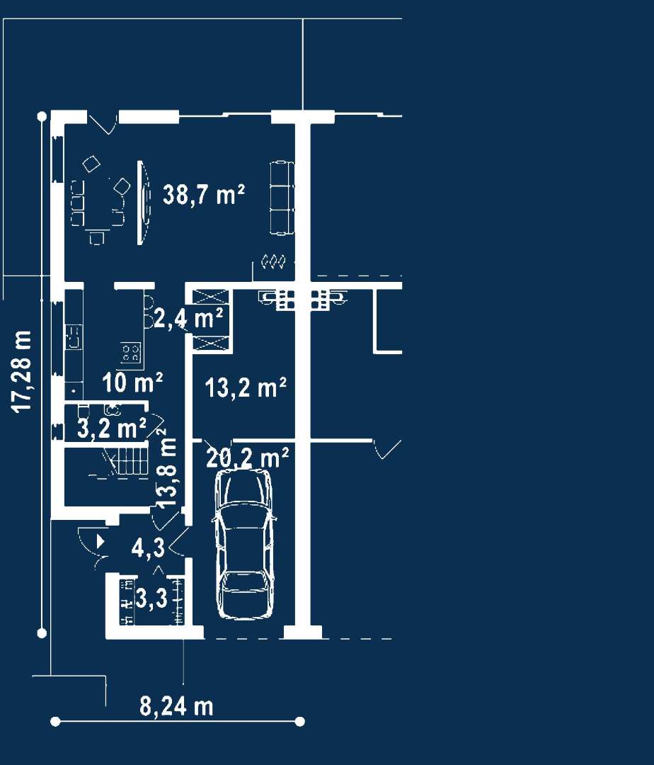 Plan parter Casă cu etaj 184 mp utili, un dormitor, 2 băi
