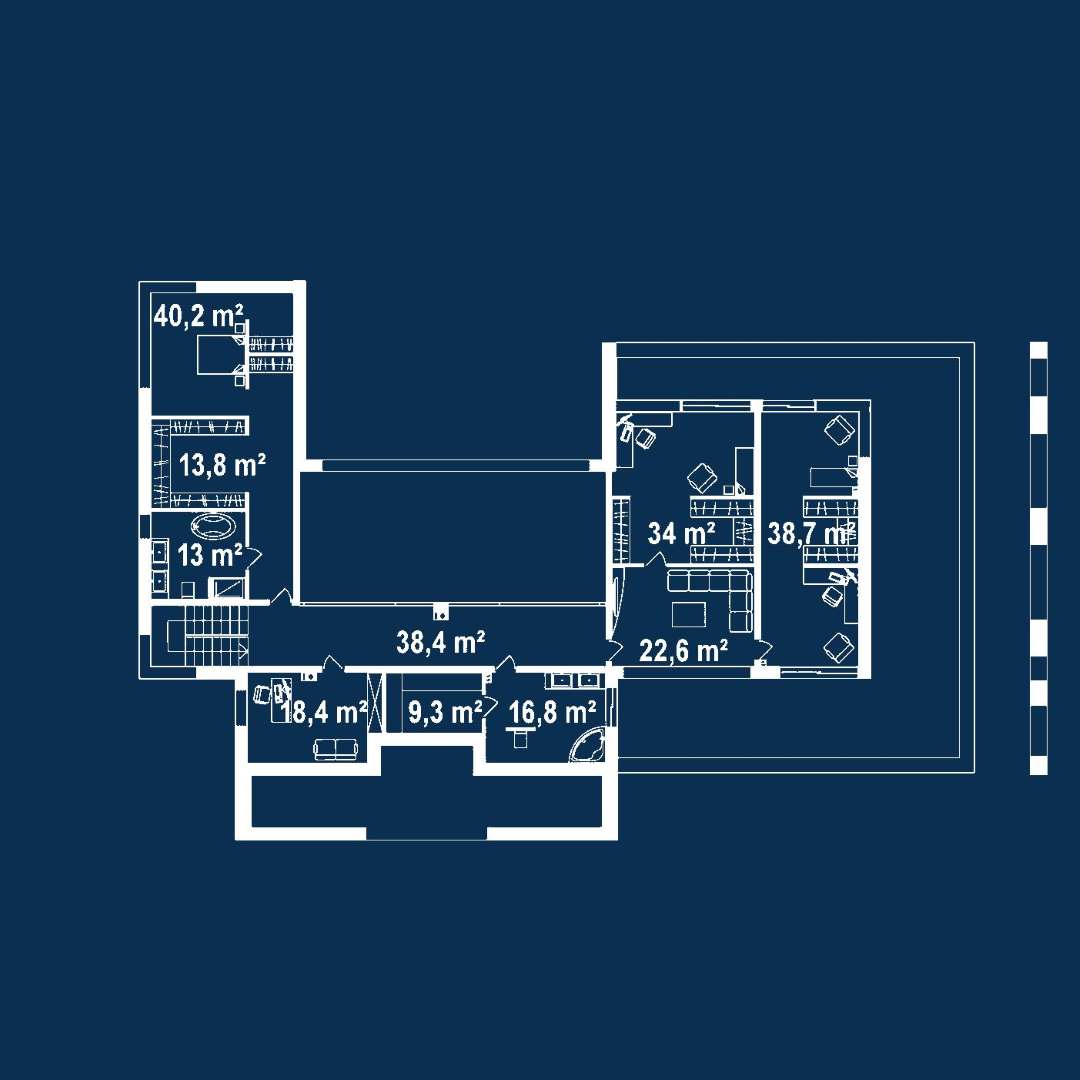 Plan etaj Casă cu etaj 474 mp utili, un dormitor, 4 băi