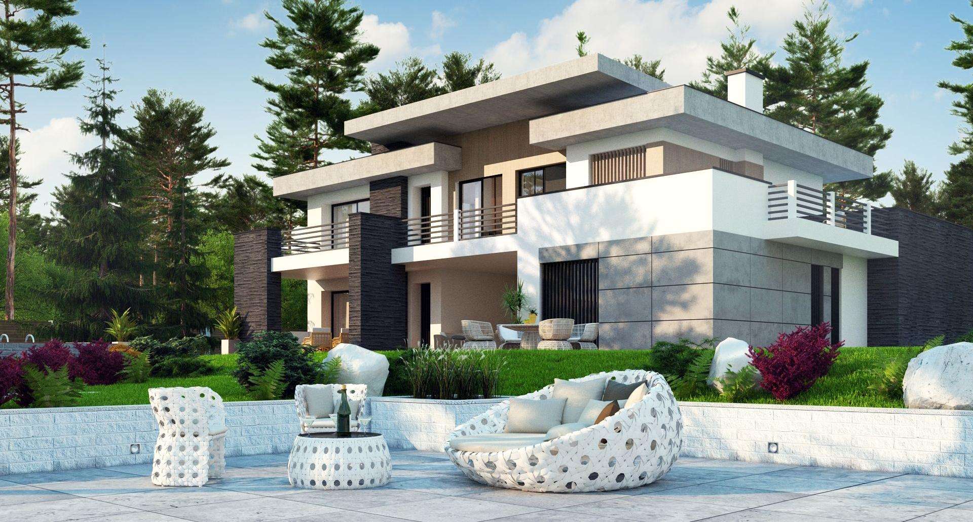 Fatada Casă cu etaj 223 mp utili, un dormitor, 4 băi