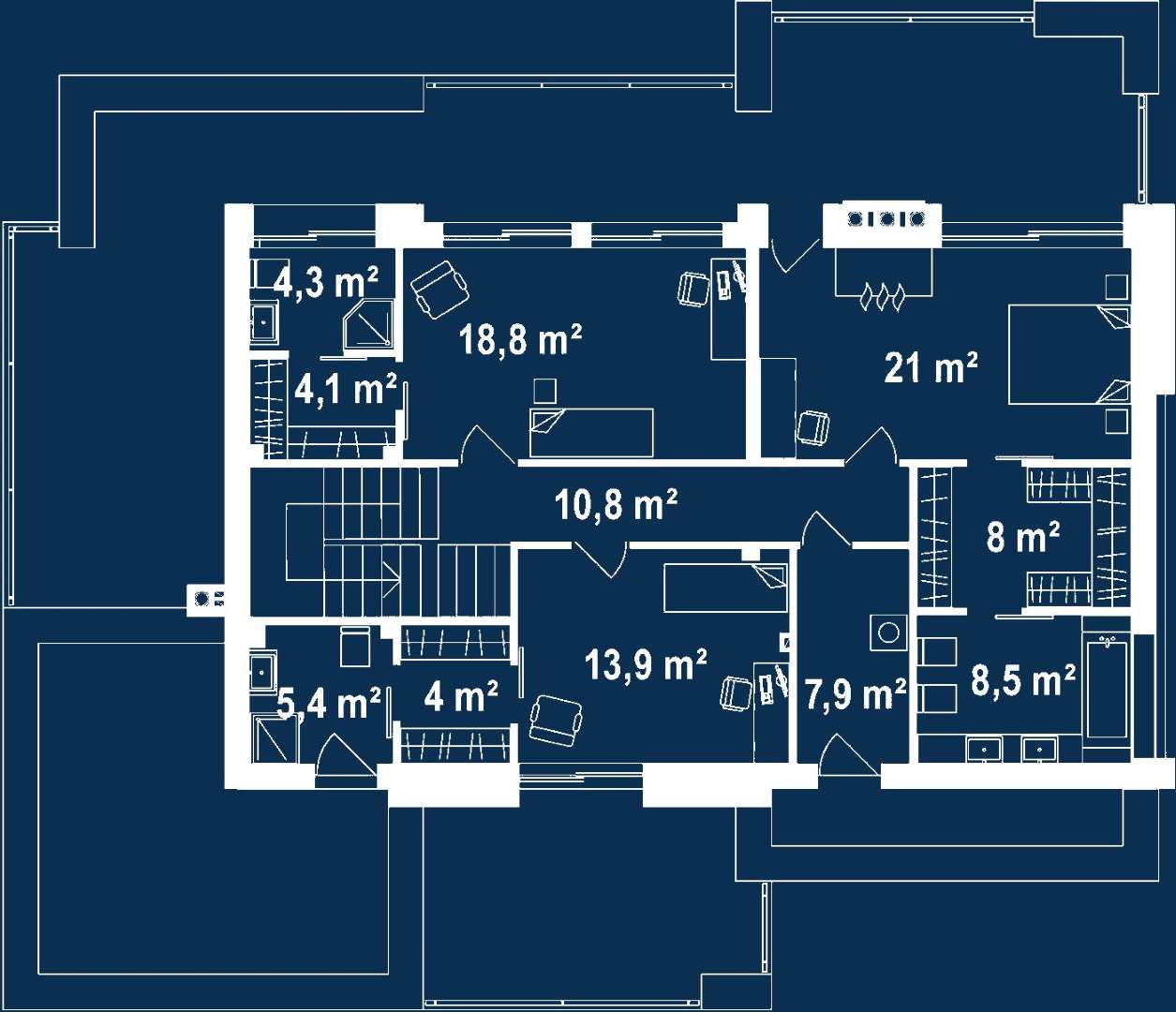 Plan etaj Casă cu etaj 223 mp utili, un dormitor, 4 băi