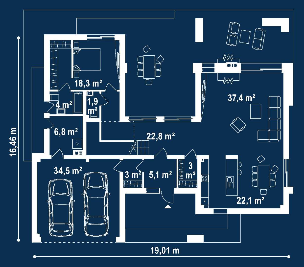 Plan parter Casă cu etaj 223 mp utili, un dormitor, 4 băi