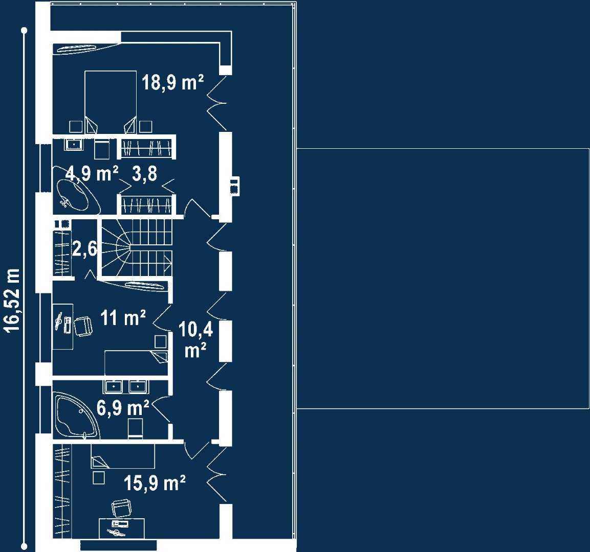 Plan etaj Casă cu etaj 165 mp utili, un dormitor, 3 băi
