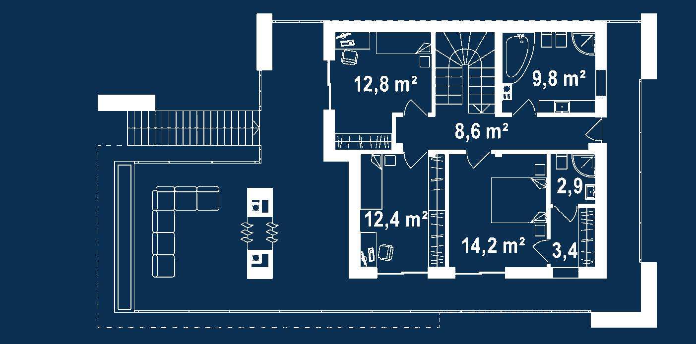 Plan etaj Casă cu etaj 155 mp utili, un dormitor, 3 băi