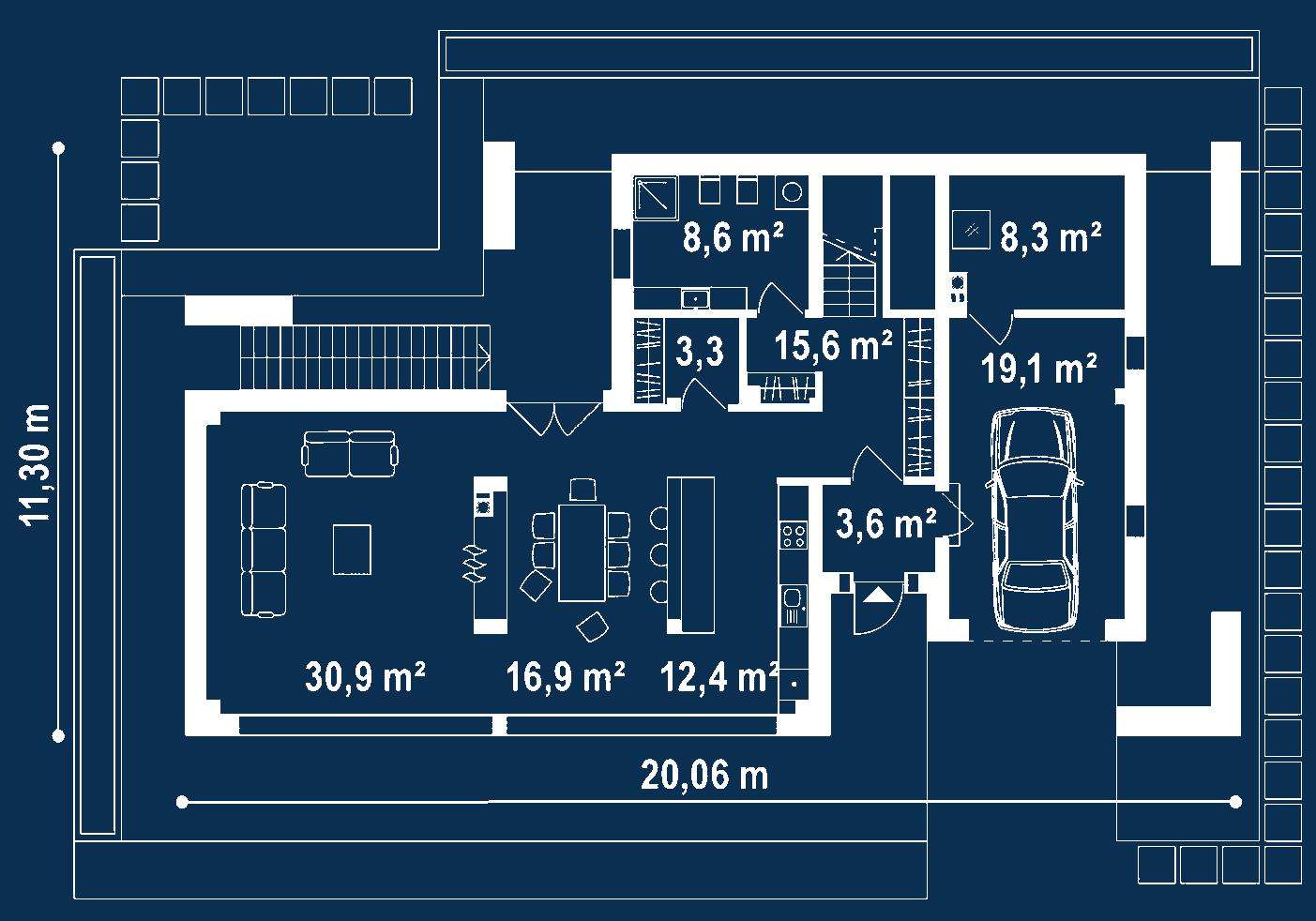 Plan parter Casă cu etaj 155 mp utili, un dormitor, 3 băi