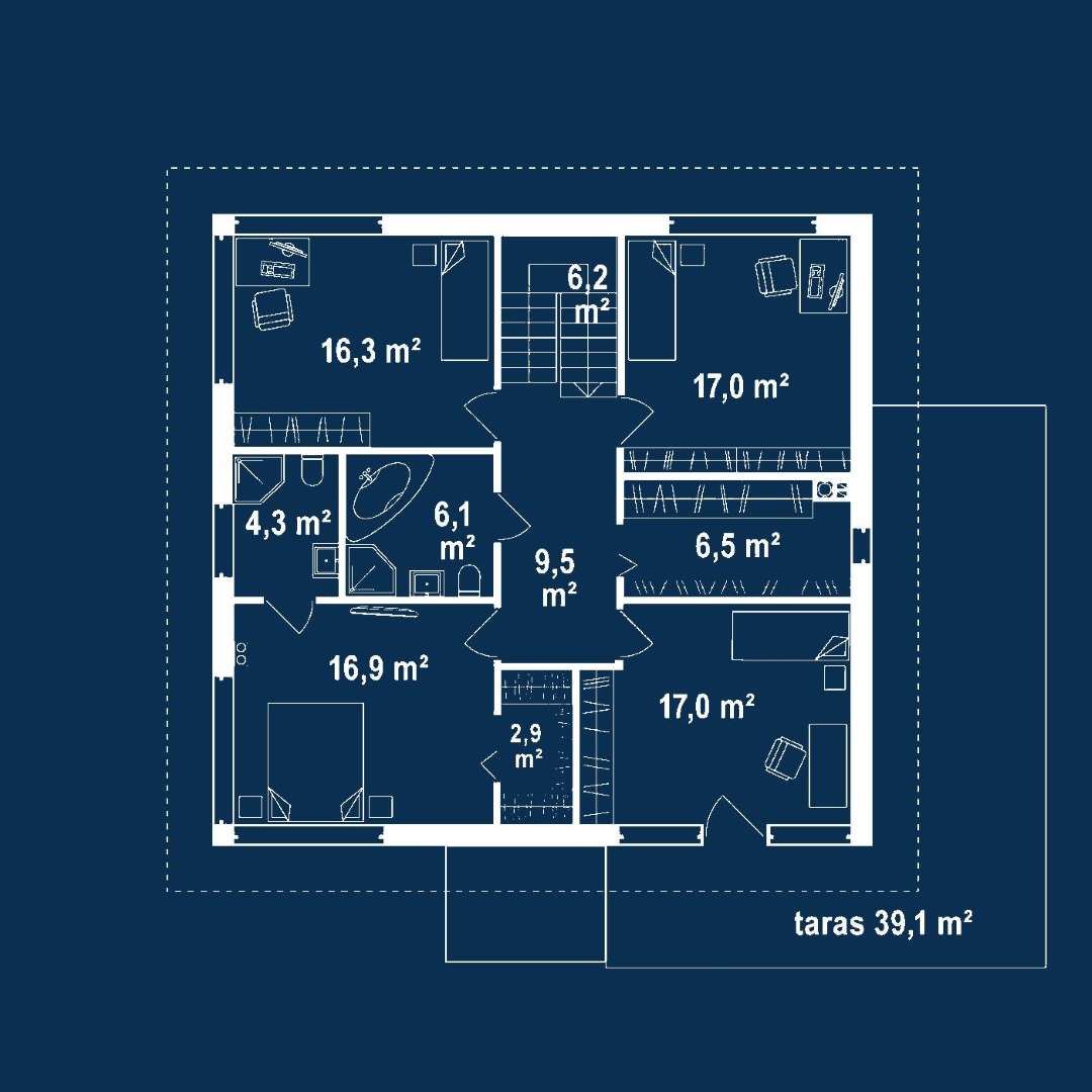 Plan etaj Casă cu etaj 178 mp utili, un dormitor, 3 băi
