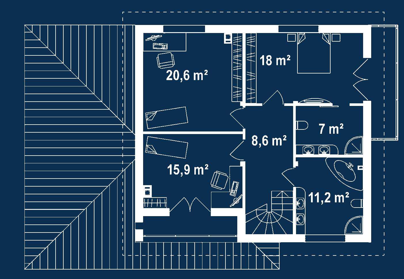 Plan etaj Casă cu etaj 174 mp utili, un dormitor, 3 băi