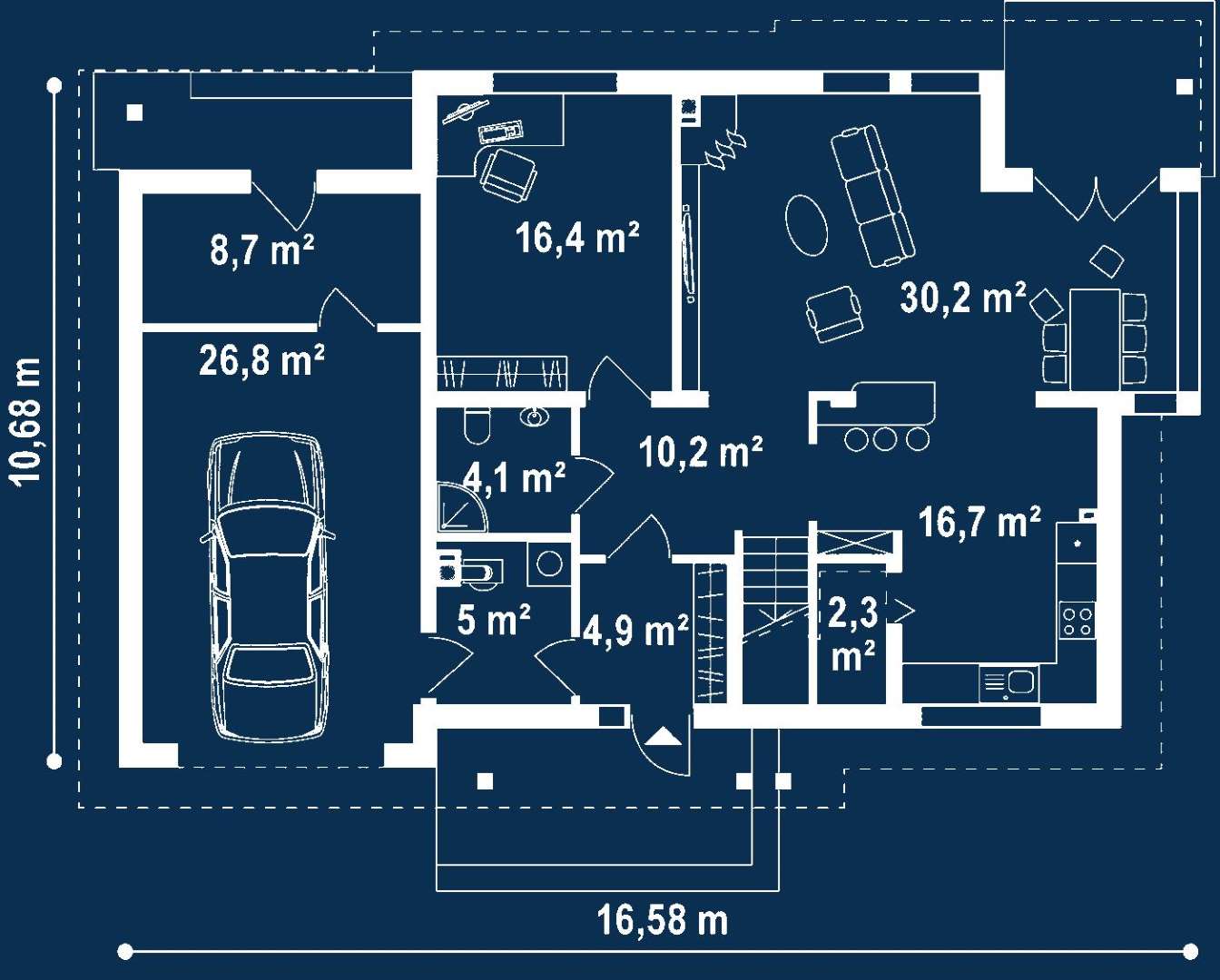 Plan parter Casă cu etaj 174 mp utili, un dormitor, 3 băi